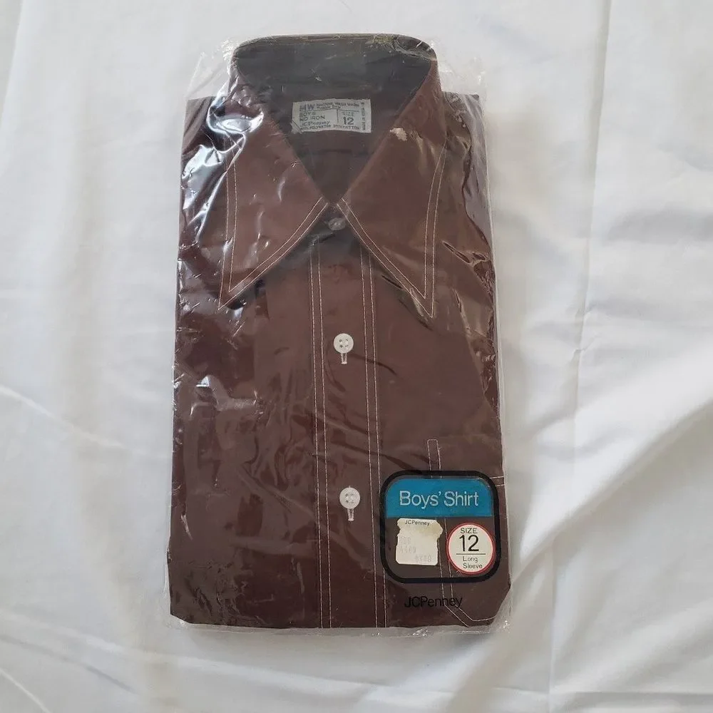 70s Deadstock Boys Brown Dagger Collar Shirt